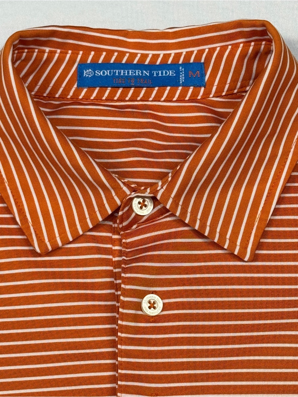 Men’s Medium Southern Tide Orange/White Stripe Performance Polo Short Sleeve - Picture 3 of 6